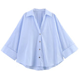 HXAO 2025 Women's Shirt Summer Crop Oversized Shirts & Blouses White Blue Rose Brown Striped Shirt Elegant Long Sleeve blouses 3
