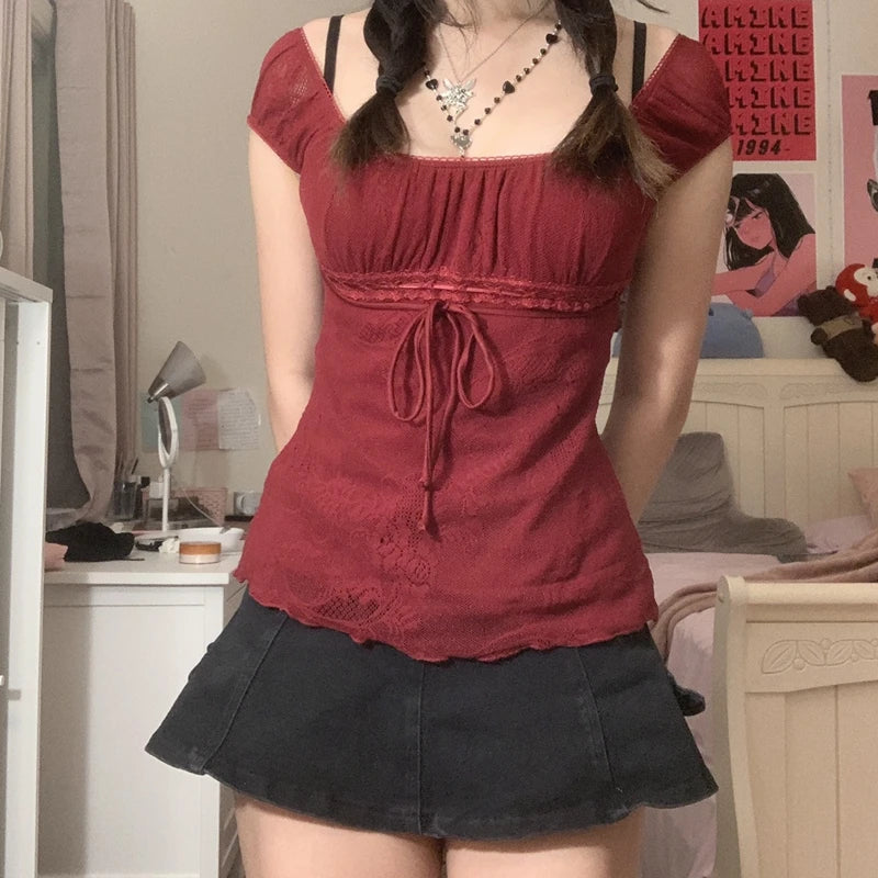 Elegant Lady Square Collar T-shirt Kawaii Bow Short Sleeve Pullovers Tees Y2K Vintage Fairy Grunge Women Crop Top Retro Clothes 5