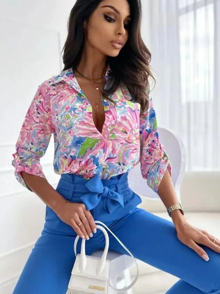 Women's S-2XL size Fashion Commuter Temperament Elegant Flower Print Long Sleeve Blouse Shirt Collar Commuter 3