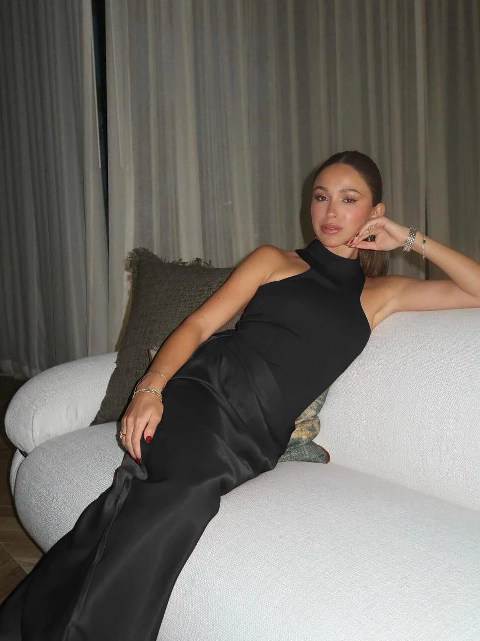 Elegant Sleeveless Satin Patchwork Hollow Out Long Dress