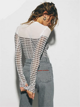 Letter Printed Mesh Transparent Bodysuit Women Panelled Newspaper Long Sleeve Round Neck T-Shirts 3