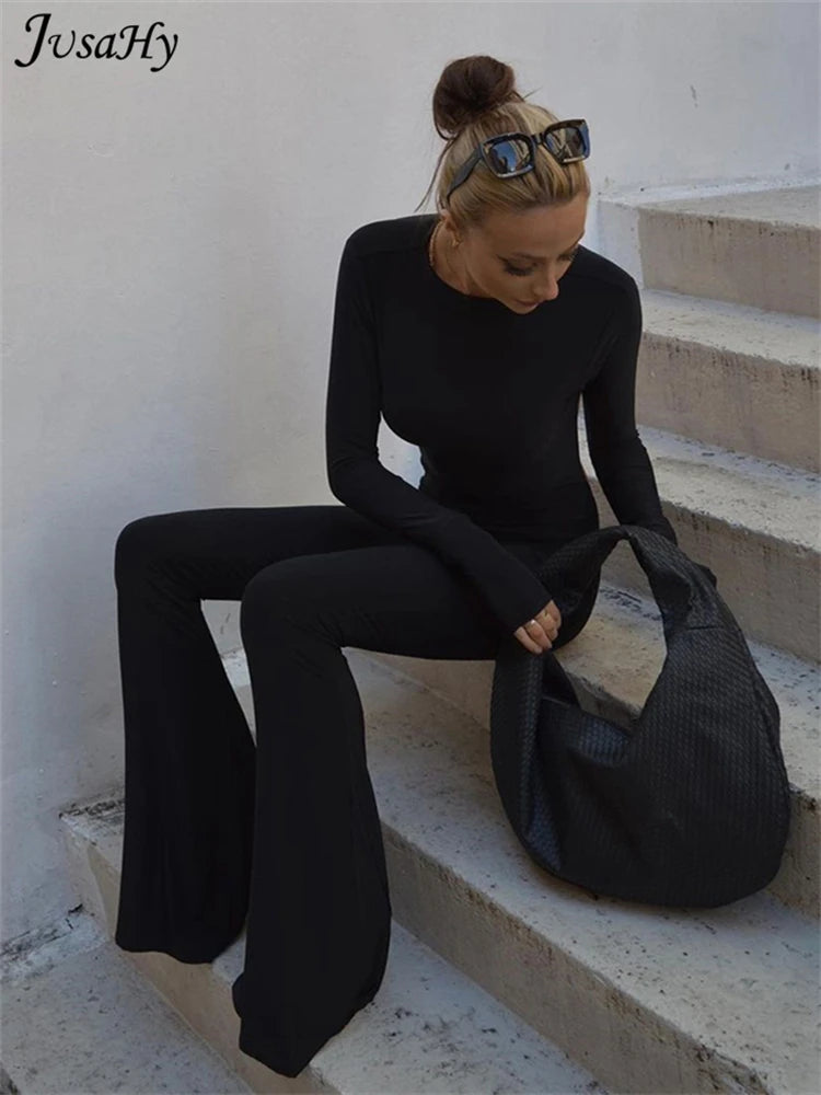 JuSaHy Summer Y2K Solid Black Basic Bodysuit for Women Fashion Long Sleeves Halter Backless Flare Pants Simple Casual Streetwear 5