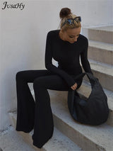 JuSaHy Summer Y2K Solid Black Basic Bodysuit for Women Fashion Long Sleeves Halter Backless Flare Pants Simple Casual Streetwear 5