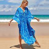 Loose Floral Pleated Kaftan Dresses for Women Wave Neck Swimsuit Cover Up Caftan