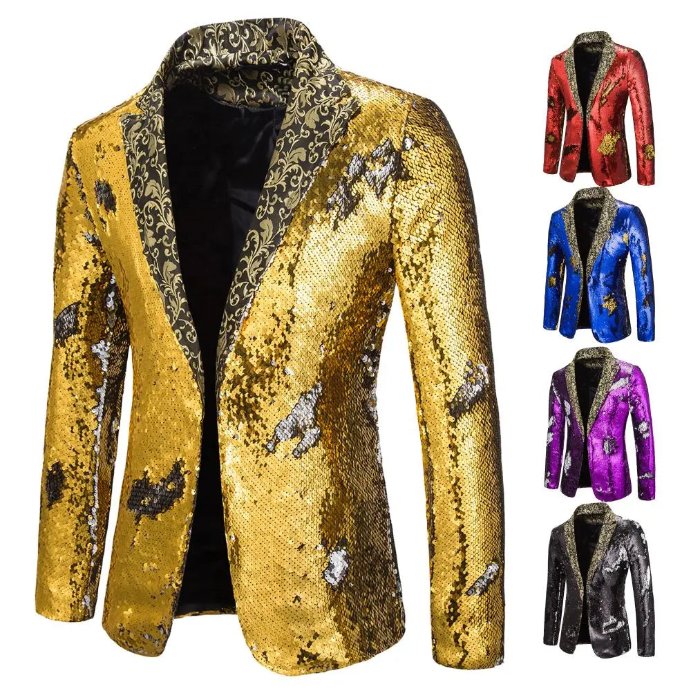 Men's Suit Shiny two-tone sequin shawl Collar suit Men's Wedding Groom Singer Dance Sequin Suit Jacket DJ Club Stage