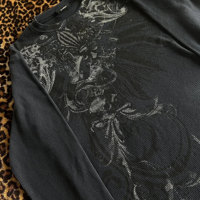 Y2K Grunge Cyber Mall Goth Thermal T-shirt Skulls Graphic Print Long Sleeve Pullovers Tops Women 90s Vintage Aesthetic Tees 2