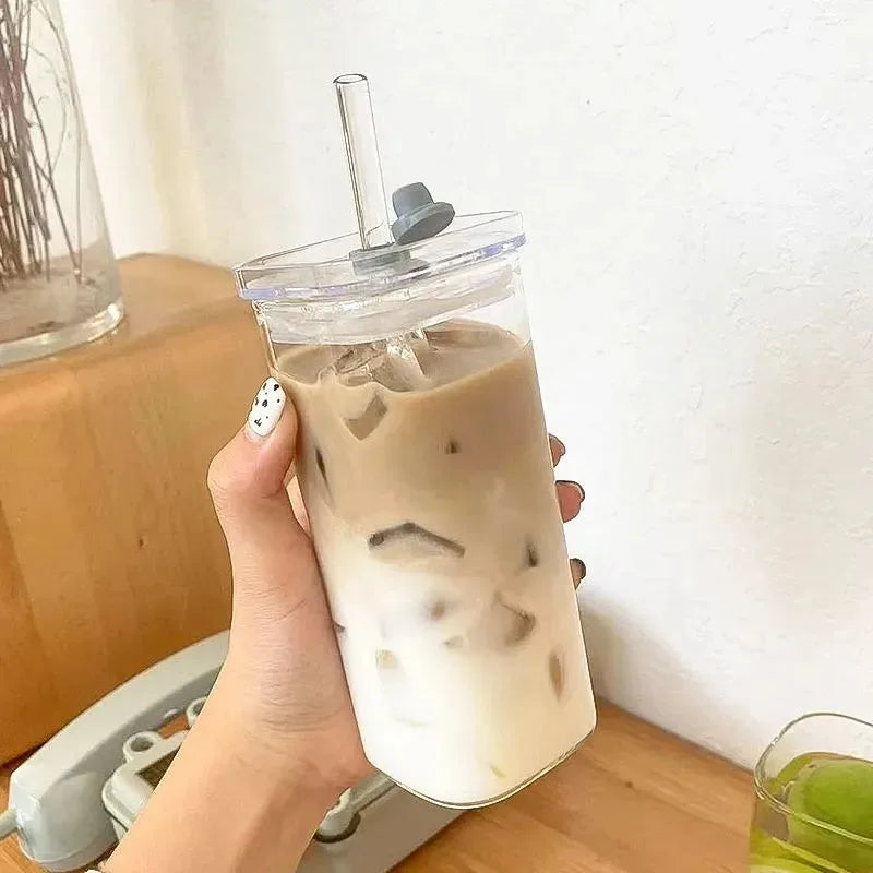 1Pcs Square Heat Resistant Coffee Glass Cup With Lid and Straw Transparent Milk Tea Juice Cups Coffee Mug For Home Bar Drinkware 2