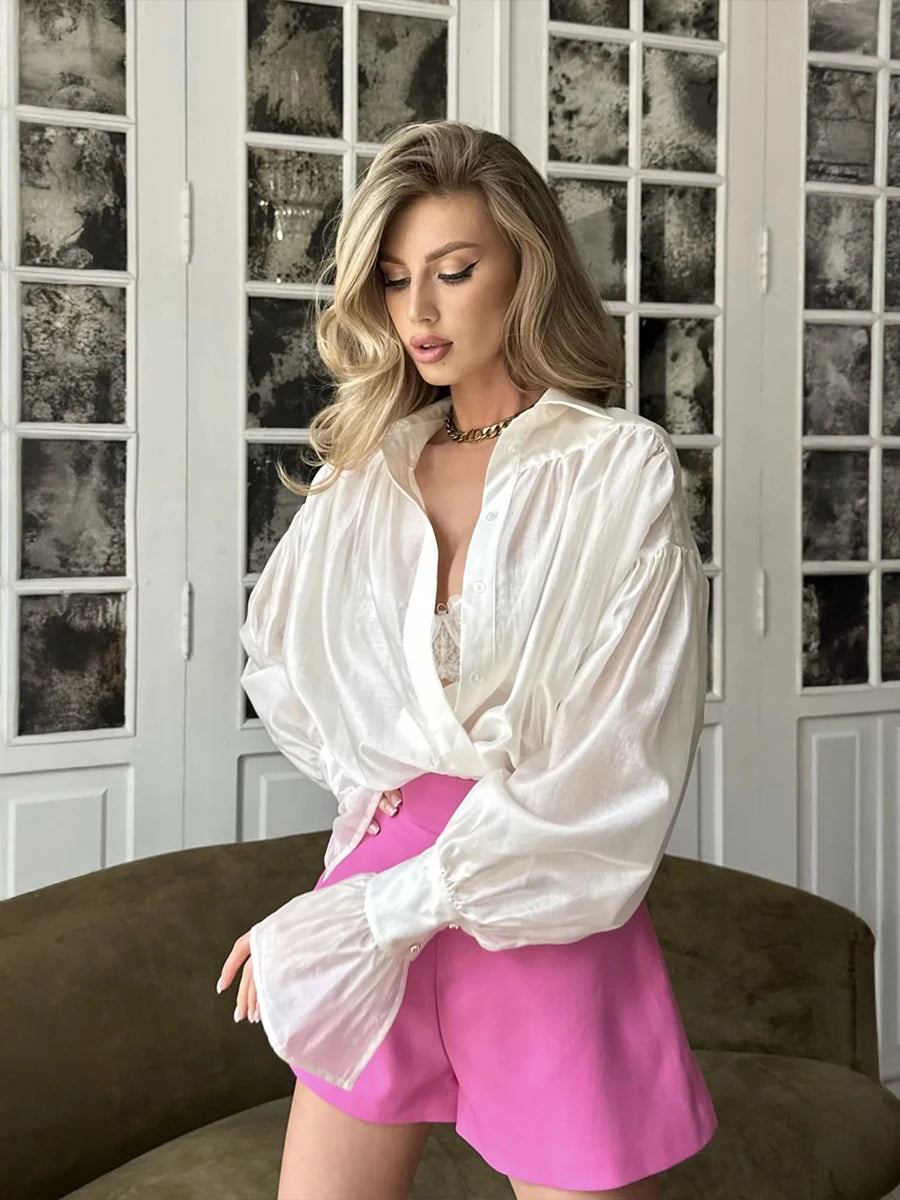 Bornladies Autumn Women's Fashionable Loose Collared Shirt Office Lady Solid Color Versatile Flare sleeve Top Long Sleeved Shirt 2