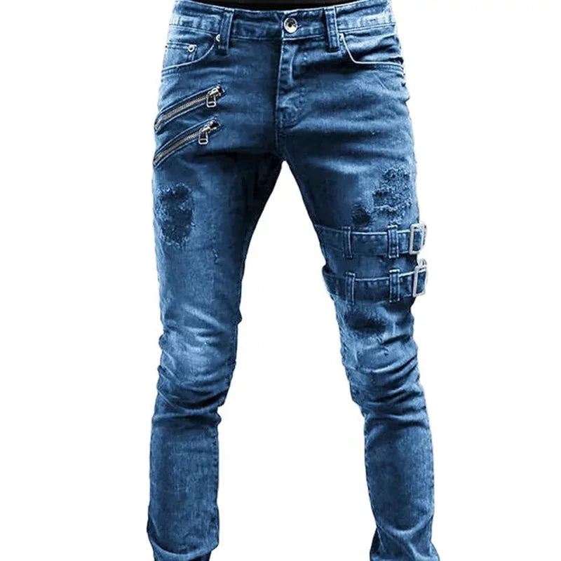 New Jeans Men's Fashion Belt Buckle Hole Streetwear Jeans | Moto Biker Skinny Denim Pants 5