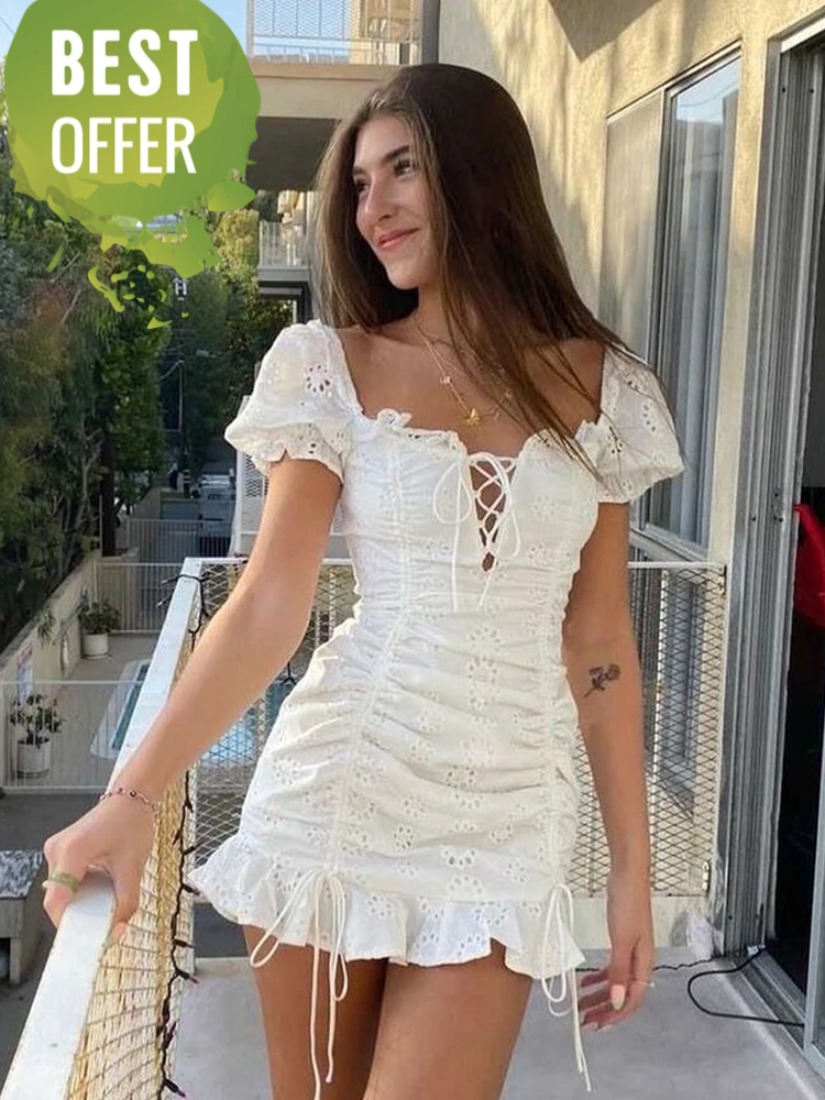Lace Up Embriodery White Mini Dress