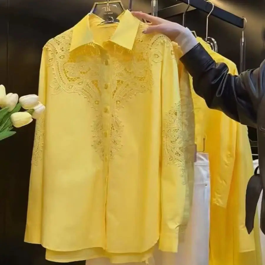 Luxury Brand Sparkle Sequins Hollow Out Lace Embroidery Cotton Blouses Shirts for Women 2025 Trend Long Sleeve Loose Casual Top 5