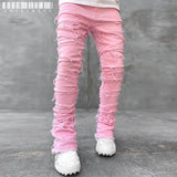 Men’s Ripped Stretch Denim Jeans | Slim Fit Patchwork & Elastic Waist | Straight Leg 4