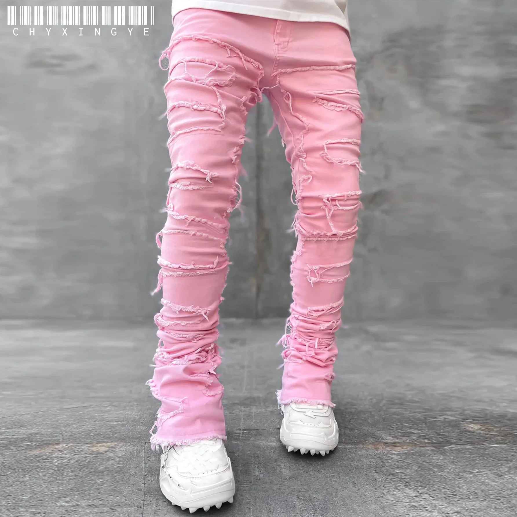 Men’s Ripped Stretch Denim Jeans | Slim Fit Patchwork & Elastic Waist | Straight Leg 4