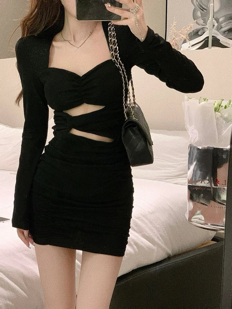 Black Bodycon Dress Women 2022 Autumn Long Sleeve Short Party Dress Office Lady Pure Color Elegant Vintage Y2k Mini Dress Korean