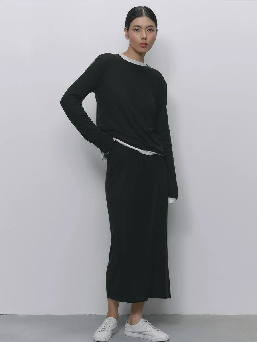 Hirsionsan Modal Soft Loose Sets Women 2025 Casual Two Pieces Long Sleeve T Shirts and High Waist Dresses Outfits Tracksuit