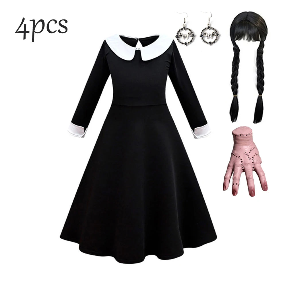 Black Mesh Fluffy Dress for Kids Girls Gothic Style Wednesdy Costume Halloween Dress Up Party Children Outfits Disguise Printing 2