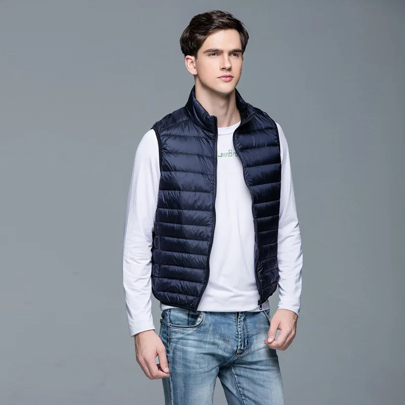 Autumn and Winter Men's 90% White Duck Down Vest Casual Lightweight Down Warm Solid Sleeveless Jacket Men's Portable Pocket Vest