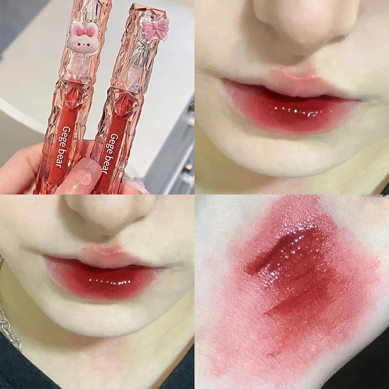 Gegebear Crystal Transparent Lipstick - Long-Lasting Mirror Glaze Easy to Color Lip Gloss with White Drill Detail for Smooth Fin