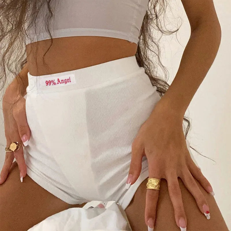 Summer White Letter Embroidery Biker Shorts Women Ribber Knit Black High Waist Casual Streetwear Shorts 3