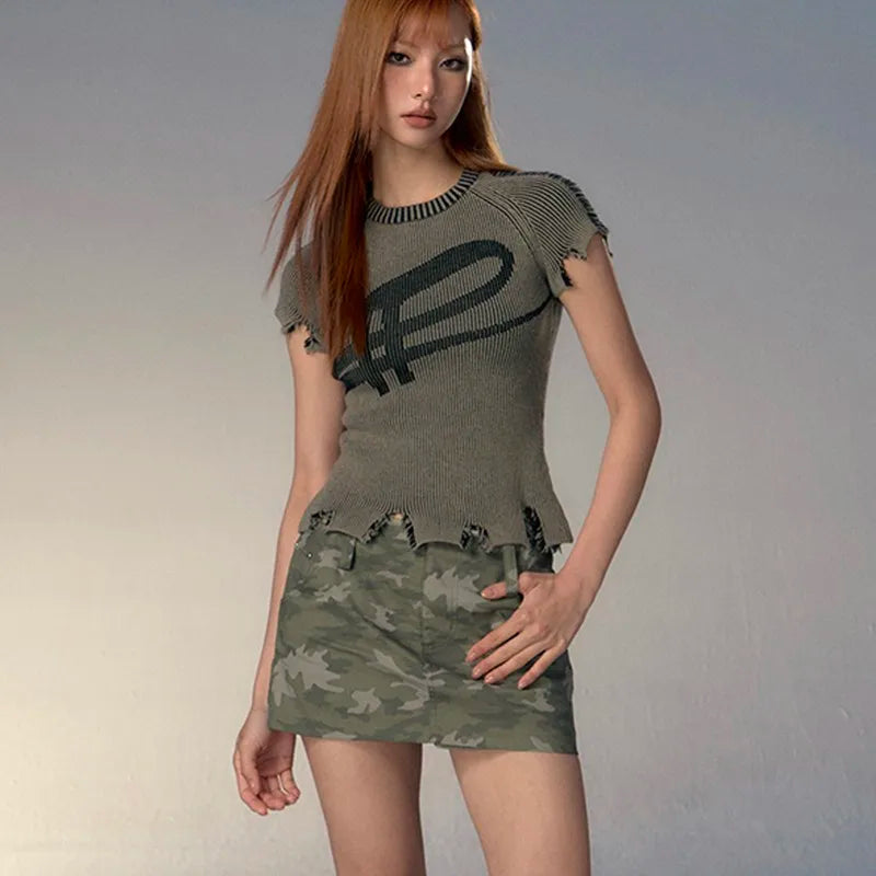 Karrcat Grunge Aesthetics Knitted Top Vintage Distressed T-shirt Punk Broken Crop Top Harajuku Slim Ribbed Tshirt Y2k Streetwear 4