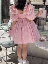 White Princess Ball Gown Dress Splice Lace Ruffles Shoulder Half Puff Sleeve Women Fairy Mini Robe Palace Pink 3