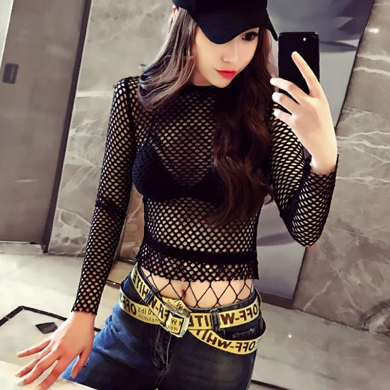 Sexy T-shirt for Women Goth Black Skinny Mesh See Through Long Sleeve Tees Pullover Crop Top Gothic Turtleneck Streetwear 4