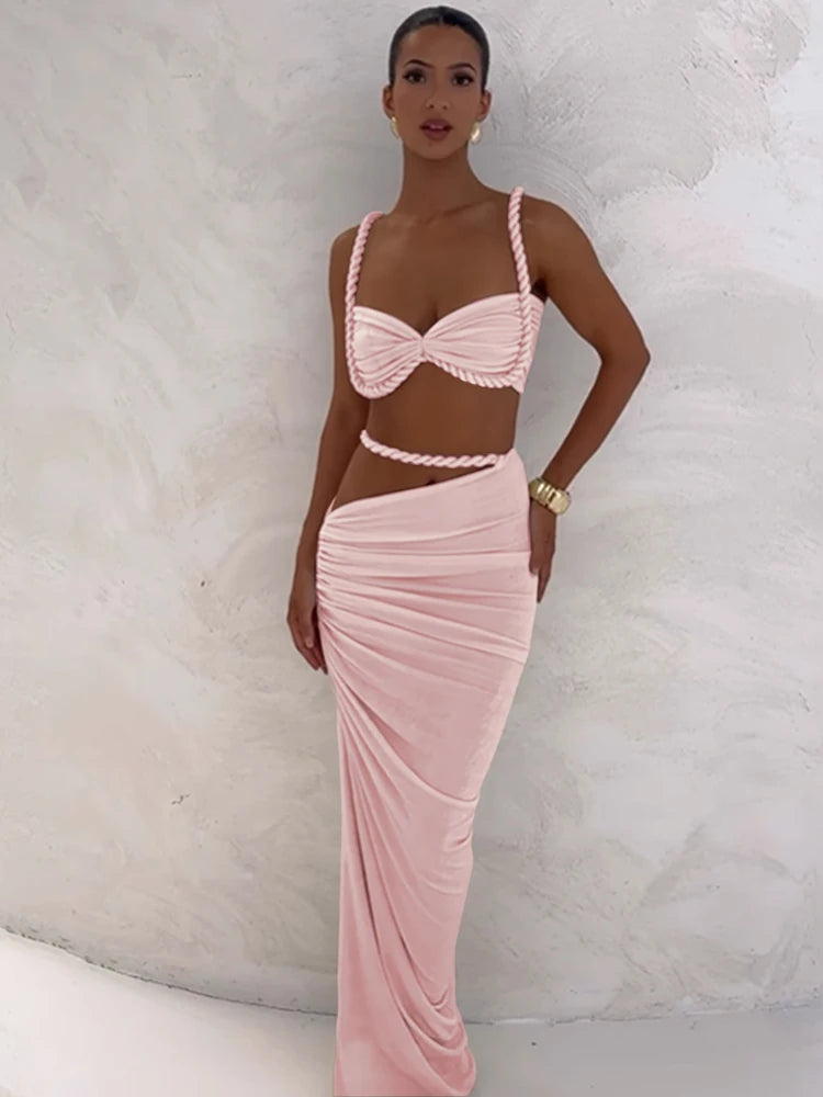 Chic Pleated Two-Piece Vacation Set: Crop Camisole & Maxi Skirt