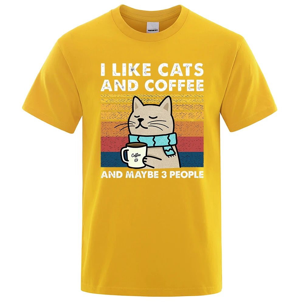 "I Like Cats and Coffee" Funny T-Shirt for Men | Casual Loose Fit Cotton Crewneck | Hip Hop Style