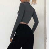 solid color casual T-shirt women long sleeves turtleneck crop tops sexy simple style party club 2024 spring summer new 5