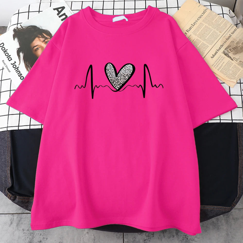 Leopard Heart Electrocardiogram T-Shirt Women Summer Soft Clothing Fashion Short Sleeve Plus Size Cotton Tshirts
