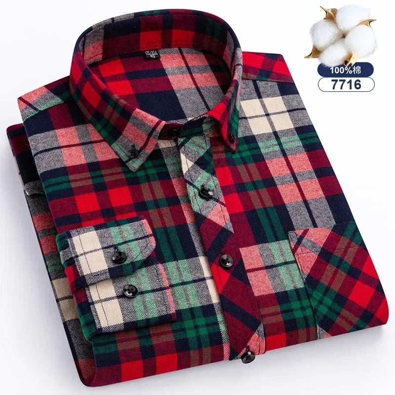 Autumn-Thick-Flannel-Shirt-Plaid-Shirts-Standard-Fit-For-Men-Long-Sleeve-Pure-Cotton-Fashion-Single