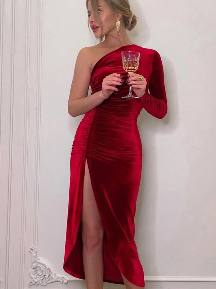 Women-Elegant-Long-Sleeve-Party-Evening-Velvet-Bodycon-Split-Pencil-Midi-Dress-Spring-Autumn-Clothes