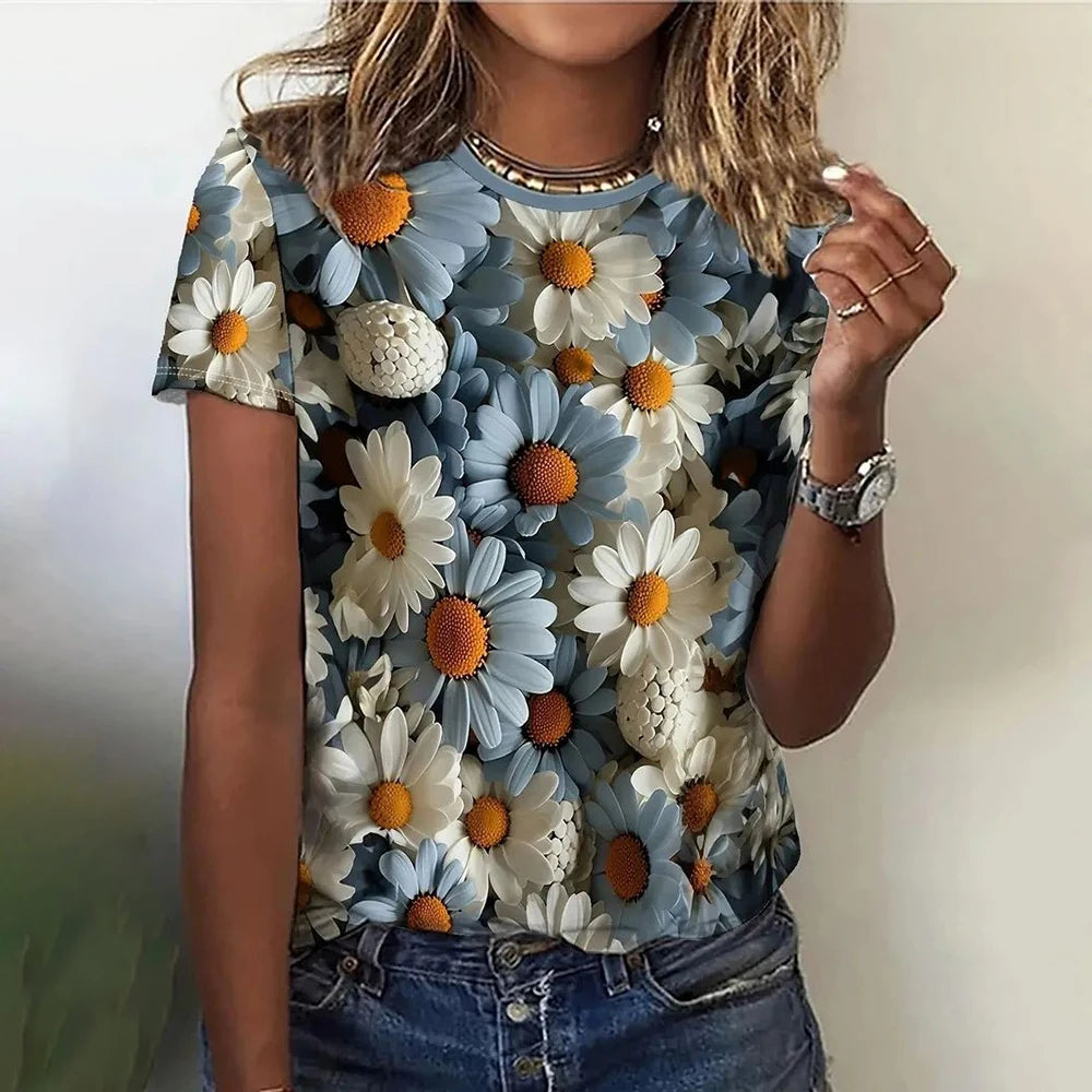 3D Floral Print Women's T-Shirt - Summer Casual Tee 6