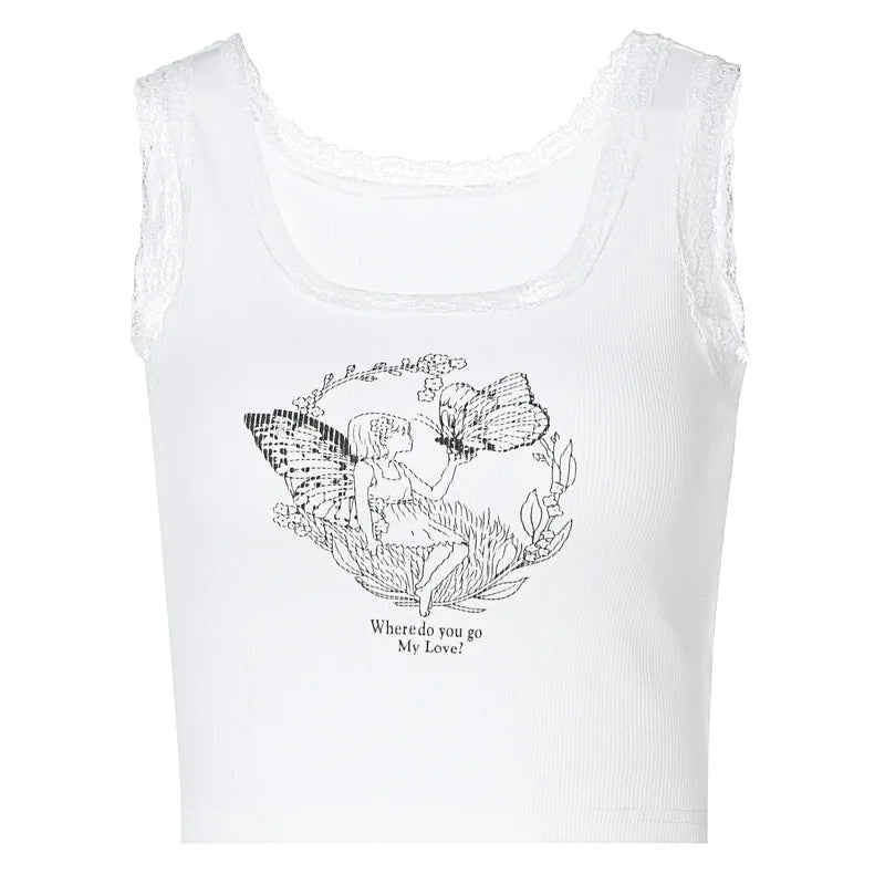 Cartoon Printed Lace Trim White Crop Top Fairy Grunge Summer Clothes for Women Cute Slim Fit Ribbed Tank Tops 6