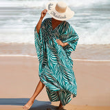 Loose Floral Pleated Kaftan Dresses for Women Wave Neck Swimsuit Cover Up Caftan