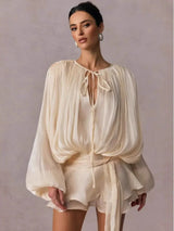 Beige Top Solid Blouse Mini Dresses For Women V Neck Long Sleeve Spliced Lace Up Sweet Style Dress Female Clothing Fashion P7WI 5