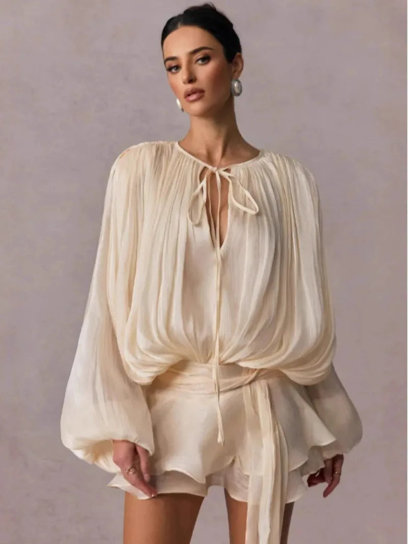 Beige Top Solid Blouse Mini Dresses For Women V Neck Long Sleeve Spliced Lace Up Sweet Style Dress Female Clothing Fashion P7WI 5