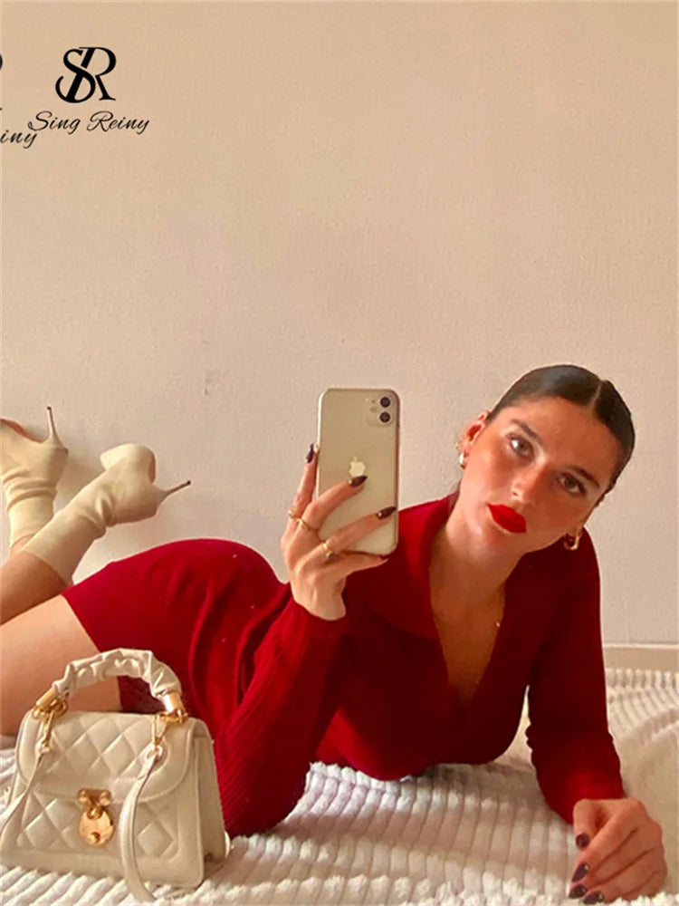 SINGREINY Women Korean Knitted Dress Long Sleeve V Neck Elastic Slim Pencil Dresses 2021 Autumn Sexy Bodycon Split Sweater Dress 4