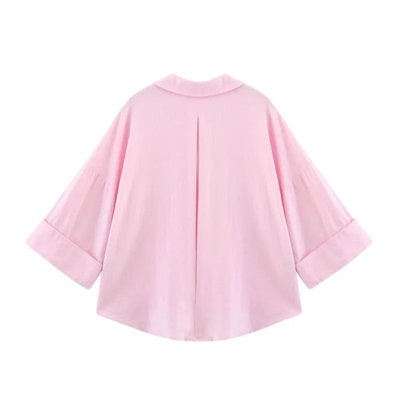 HipSeam Wide Sleeved Shirt Women Spring Asymmetric Hem Button Women's Shirts Simple Lady Johnny Collar Linen Shirts & Blouses 3