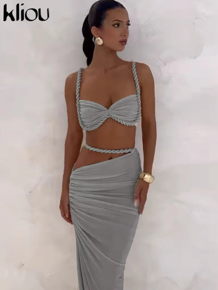 kliou Woven Sexy Women 2 Piece Set Stunning Hot Solid Pleated Crop Camisoles+High Waist Maxi Skirts Female Trend Vacation Outfit 4