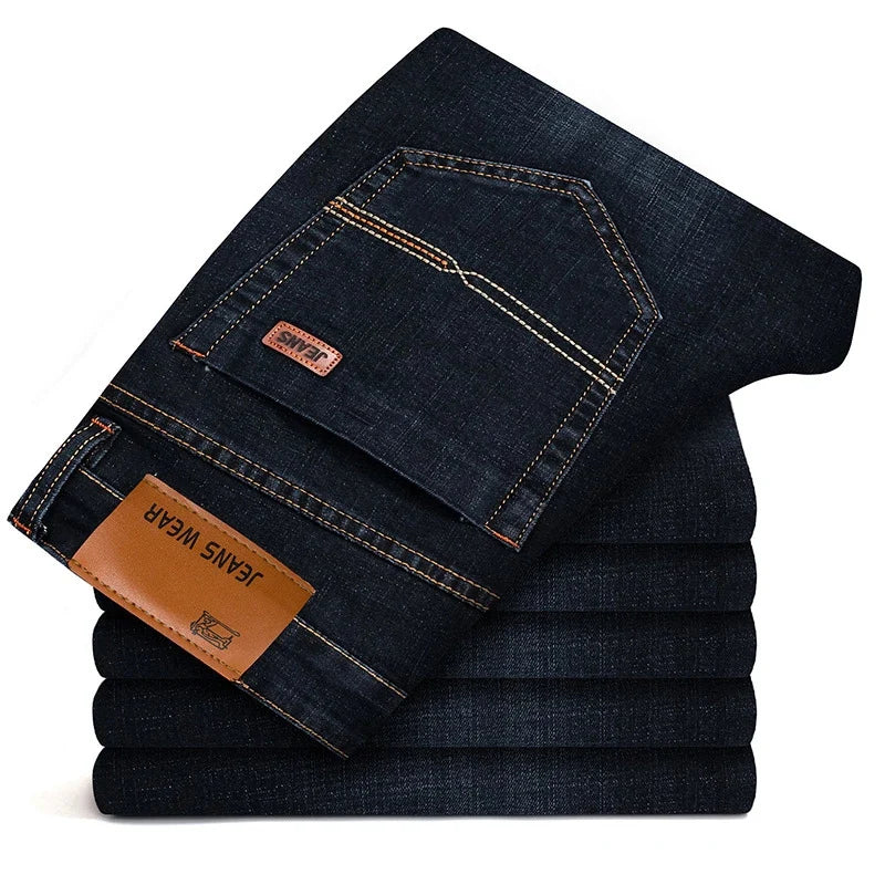 Autumn Classic Men's Fitted Stretch Jeans Business Casual Cotton Denim Straight Leg Pants Male Black Blue Trousers 5