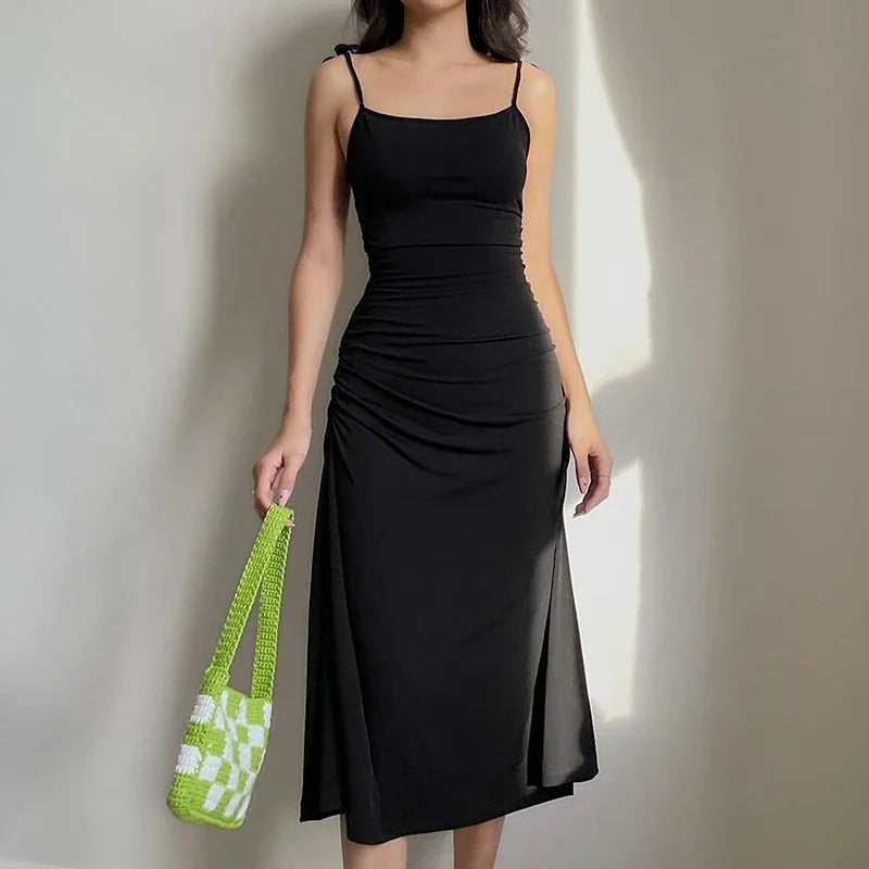 Fashion Strappy Ruched Sexy Black Dress Irregular Elegant Backless Long Dress Party Summer Dresses Women Clothes Vintage Dress 2
