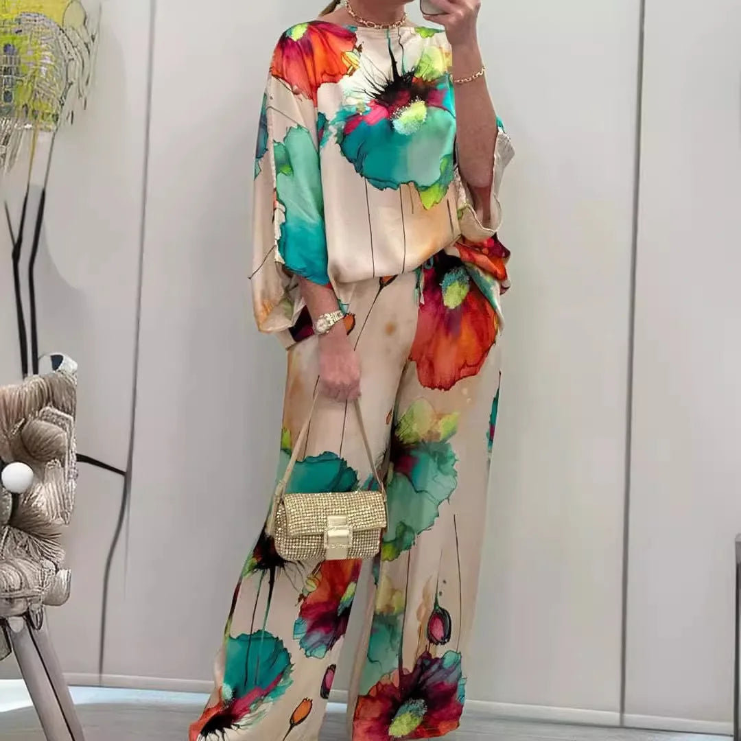2 Piece Women's Printed Satin Pant Set - Round Neck 3/4 Sleeve Summer Outfit
