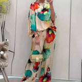 2 Piece Women's Printed Satin Pant Set - Round Neck 3/4 Sleeve Summer Outfit