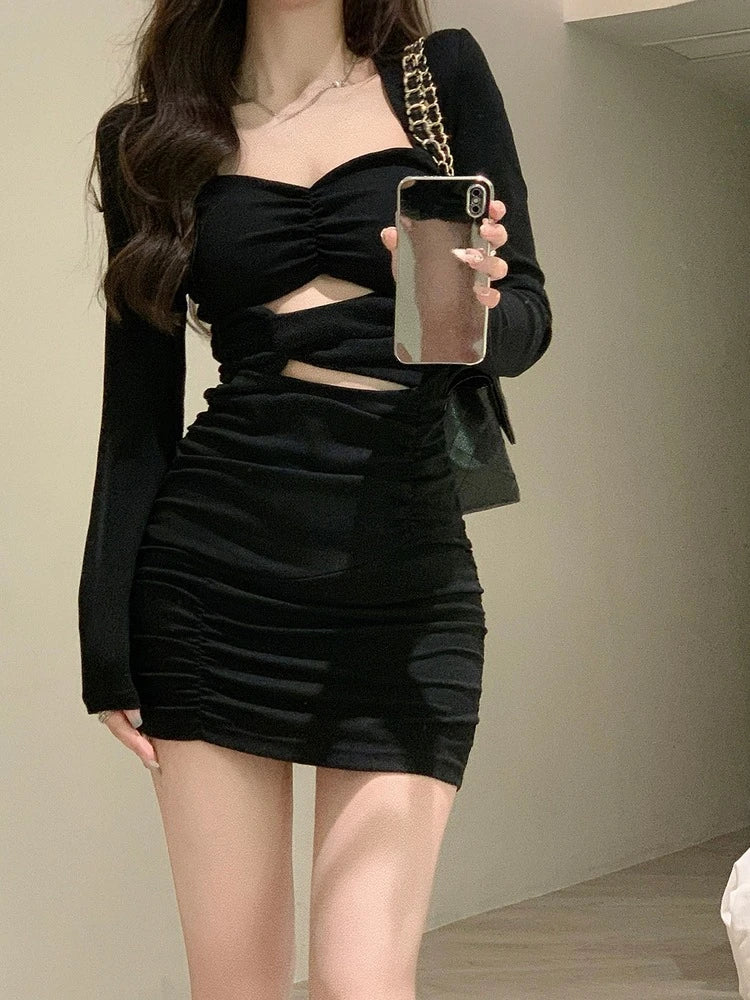 Black Bodycon Dress Women 2022 Autumn Long Sleeve Short Party Dress Office Lady Pure Color Elegant Vintage Y2k Mini Dress Korean 6