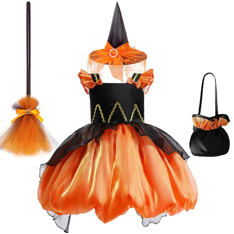 Girls' Halloween Pumpkin Witch Princess Dress