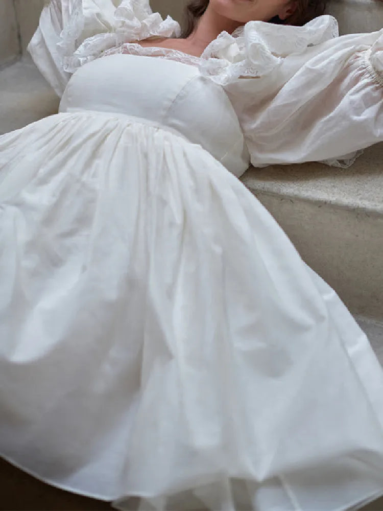 White Princess Ball Gown Dress Splice Lace Ruffles Shoulder Half Puff Sleeve Women Fairy Mini Robe Palace Pink 4