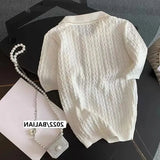 Ice Silk Polo Shirt Knitted Short Sleeve T-Shirt Summer Chic Thin Unique Jacquard Women Tops 2025 Korean Style Women’s Clothing 6