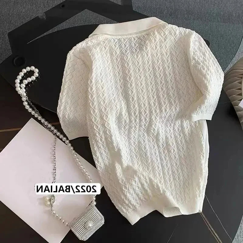 Ice Silk Polo Shirt Knitted Short Sleeve T-Shirt Summer Chic Thin Unique Jacquard Women Tops 2025 Korean Style Women’s Clothing 6