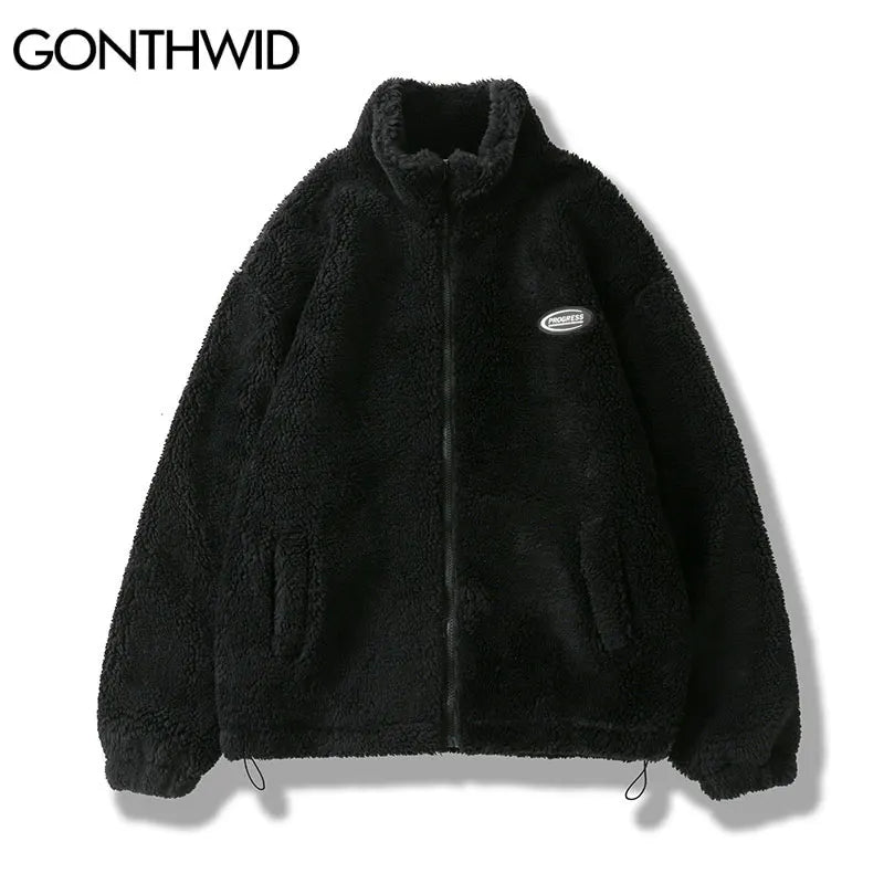 Hip Hop Winter Fleece Fluffy Jacket Streetwear Harajuku Fuzzy Zipper Coat Men Autumn Solid Color Lightweight Jackets Black Beige 3